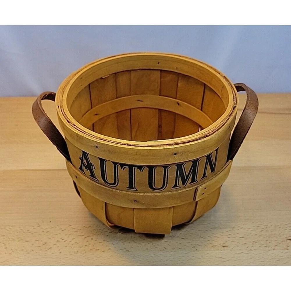 Autumn Basket Farmhouse Fall Wood Leather Handles 9.5” x 6” Harvest Spellout